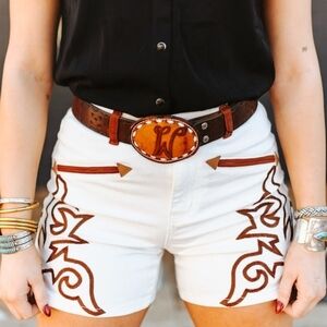 NEW LUCKY & BLESSED Ivory Embroidered Denim Shorts W/ Brown Western Boot-stitch
